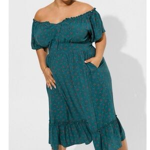 *HP* TORRID Tea Length Challis Off-Shoulder Dress: WILDFLOWER MANDALA: NWT: SZ 0